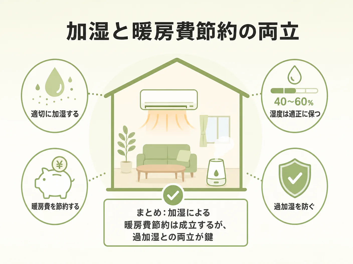 冬のまとめ:加湿による暖房費節約は成立するが、過加湿との両立が鍵を表す図解イラスト