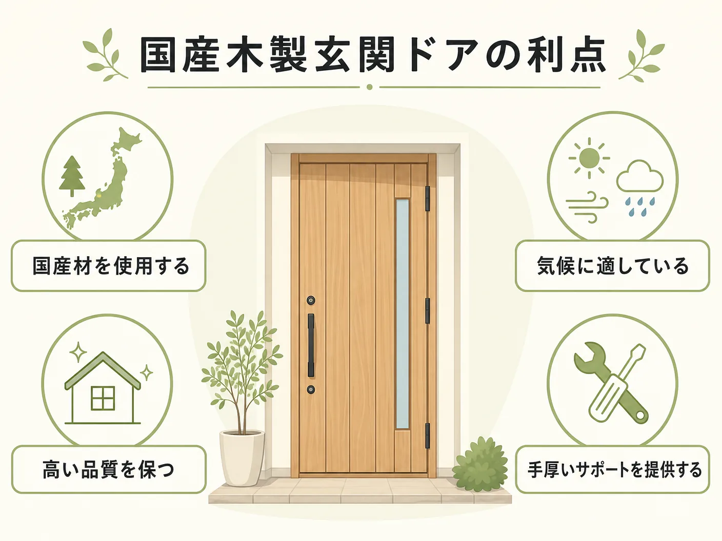 選び方 工務店の木製玄関ドアに国産品を選ぶ理由を表す図解イラスト