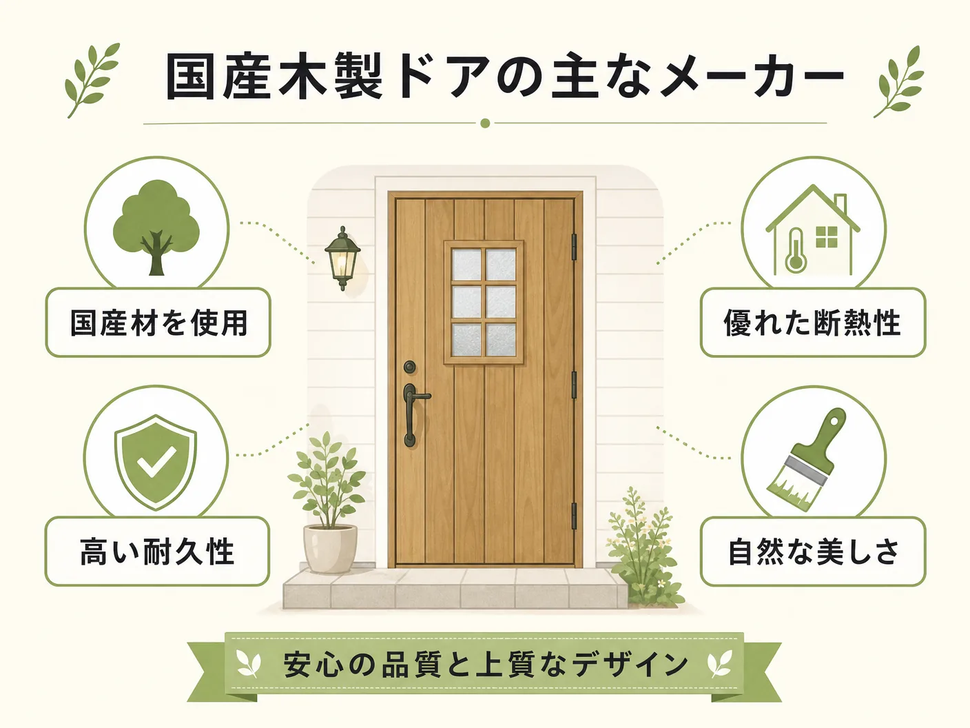選び方 工務店の国産木製玄関ドアの主なメーカーと特徴を表す図解イラスト