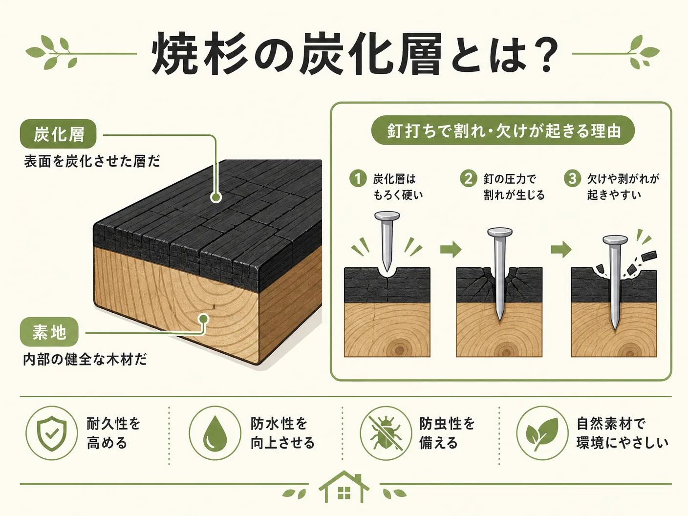 釘穴 処理の焼杉の炭化層とは?釘打ちで割れ・欠けが起きる理由を表す図解イラスト