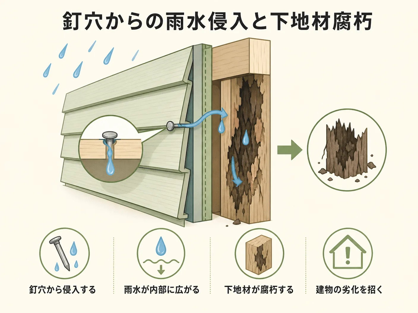 焼杉 処理の釘穴から雨水が侵入すると下地材が腐朽するリスクを表す図解イラスト