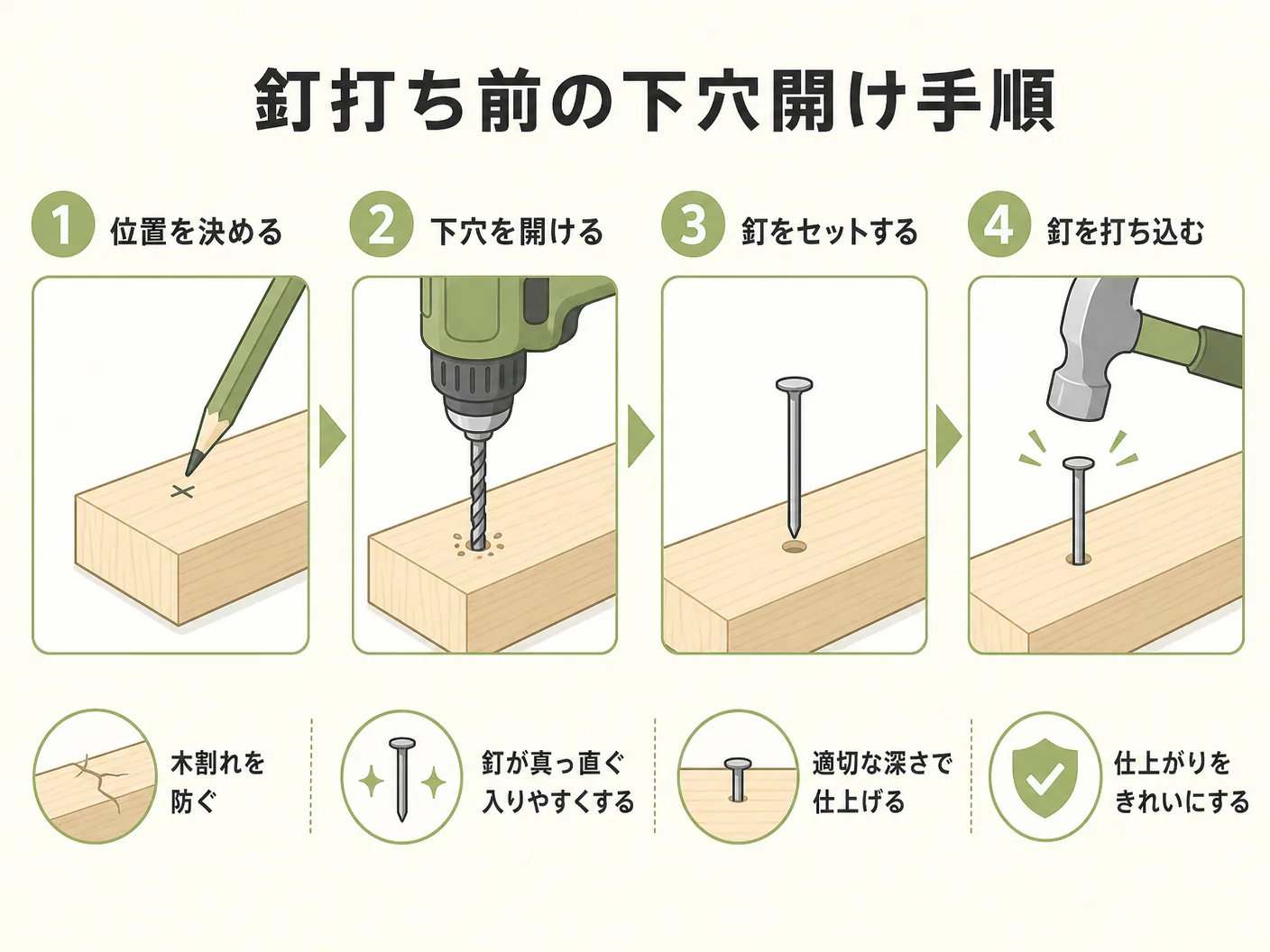 焼杉 釘穴 処理の下穴を開けてから釘打ちする方法と手順を表す図解イラスト