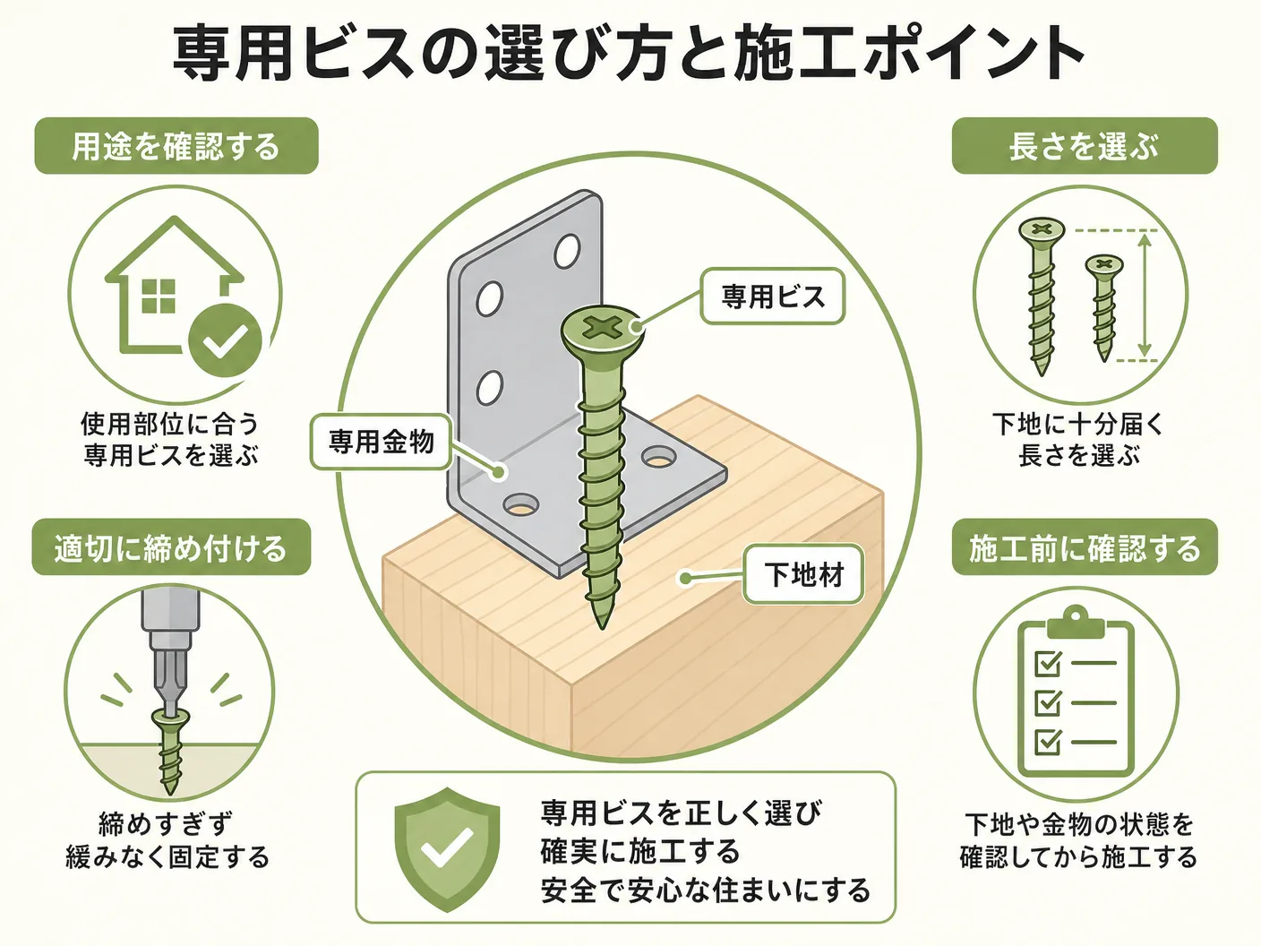 焼杉 釘穴 処理の専用ビスを使う場合の選び方と施工ポイントを表す図解イラスト
