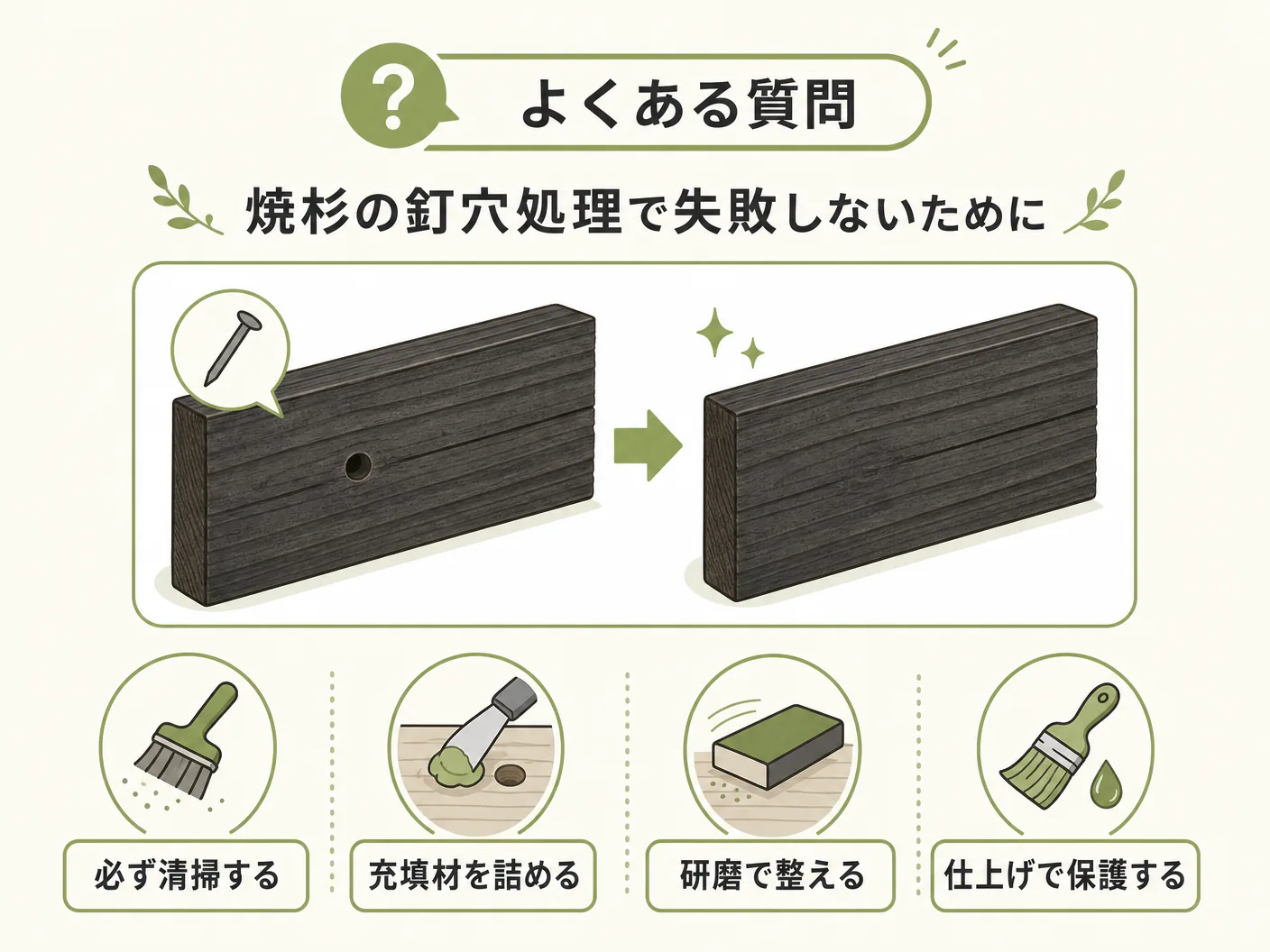 よくある質問:焼杉の釘穴処理で失敗しないためにを表す図解イラスト